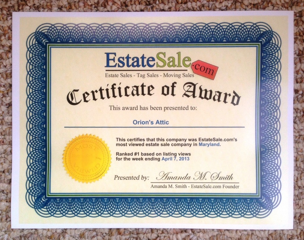OA receives most viewed estate sale company in Maryland award